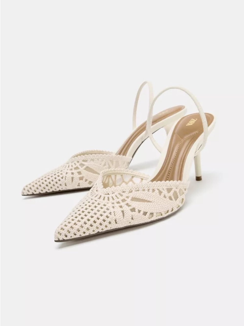 Zara Woven Pointed Toe Slingback Heels in Cream